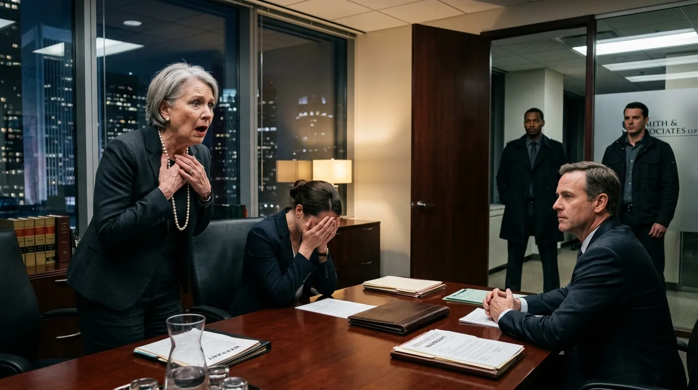 Dramatic confrontation in a lawyer's office with mother looking terrified, sister crying, and detectives waiting by the door