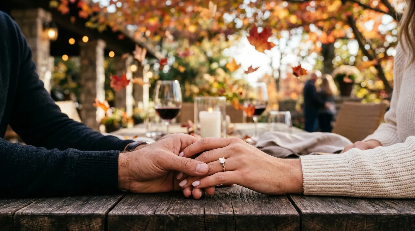 Close up of a couple holding hands with a simple elegant engagement ring on an autumn terrace