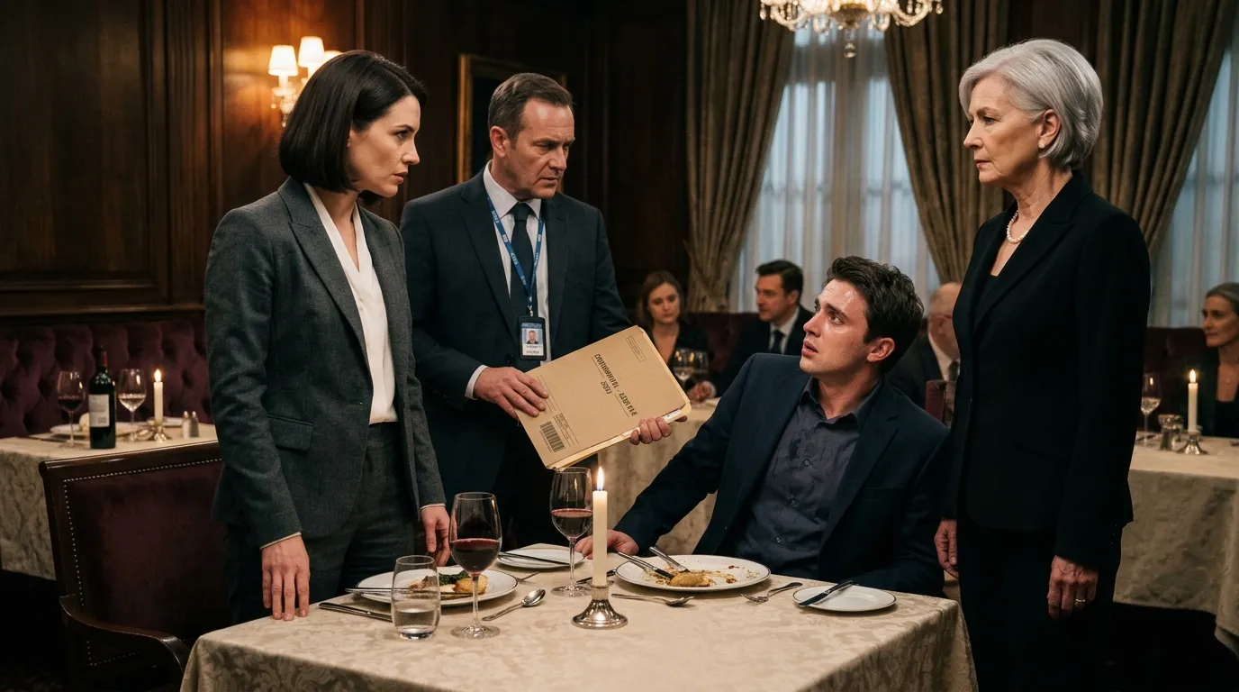 A female lawyer and a police detective confronting a panicked young man in a restaurant.