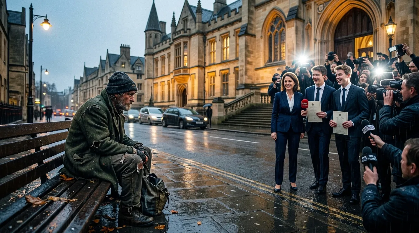 A lonely man in a worn coat sitting on a wet park bench in the rain, looking across the street at a university building where a woman and two young men are swarmed by reporters.