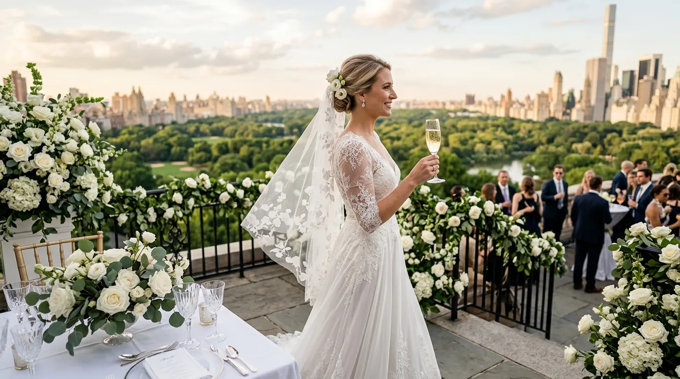 A bride standing alone at a luxurious wedding reception looking empowered