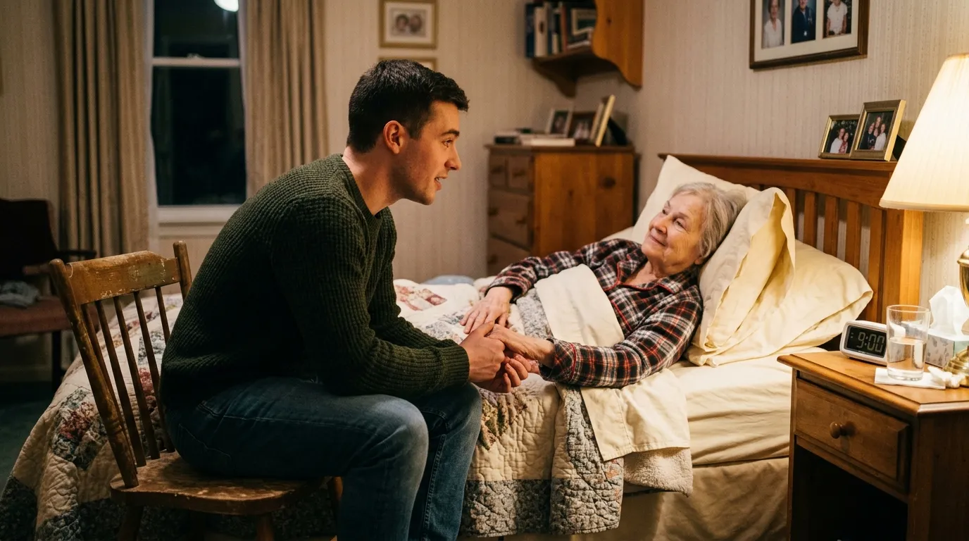 Young man talking to an elderly woman in bed at night