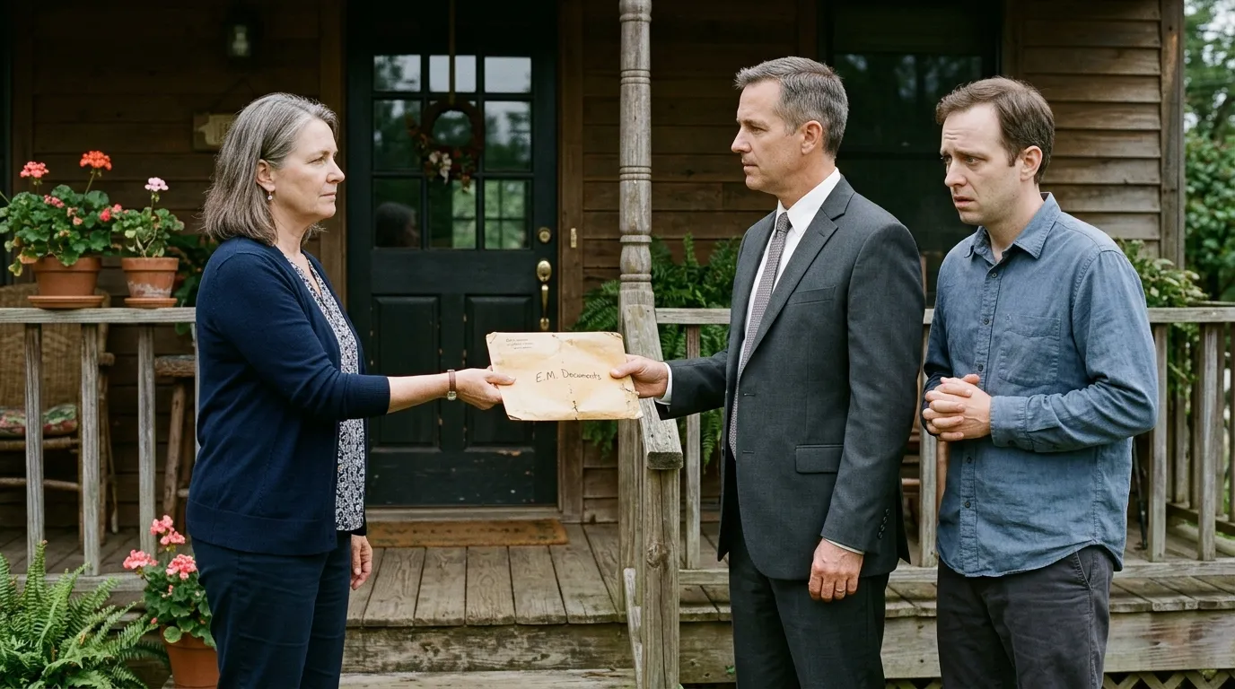 Helen handing a sealed manila envelope to an attorney on a porch.