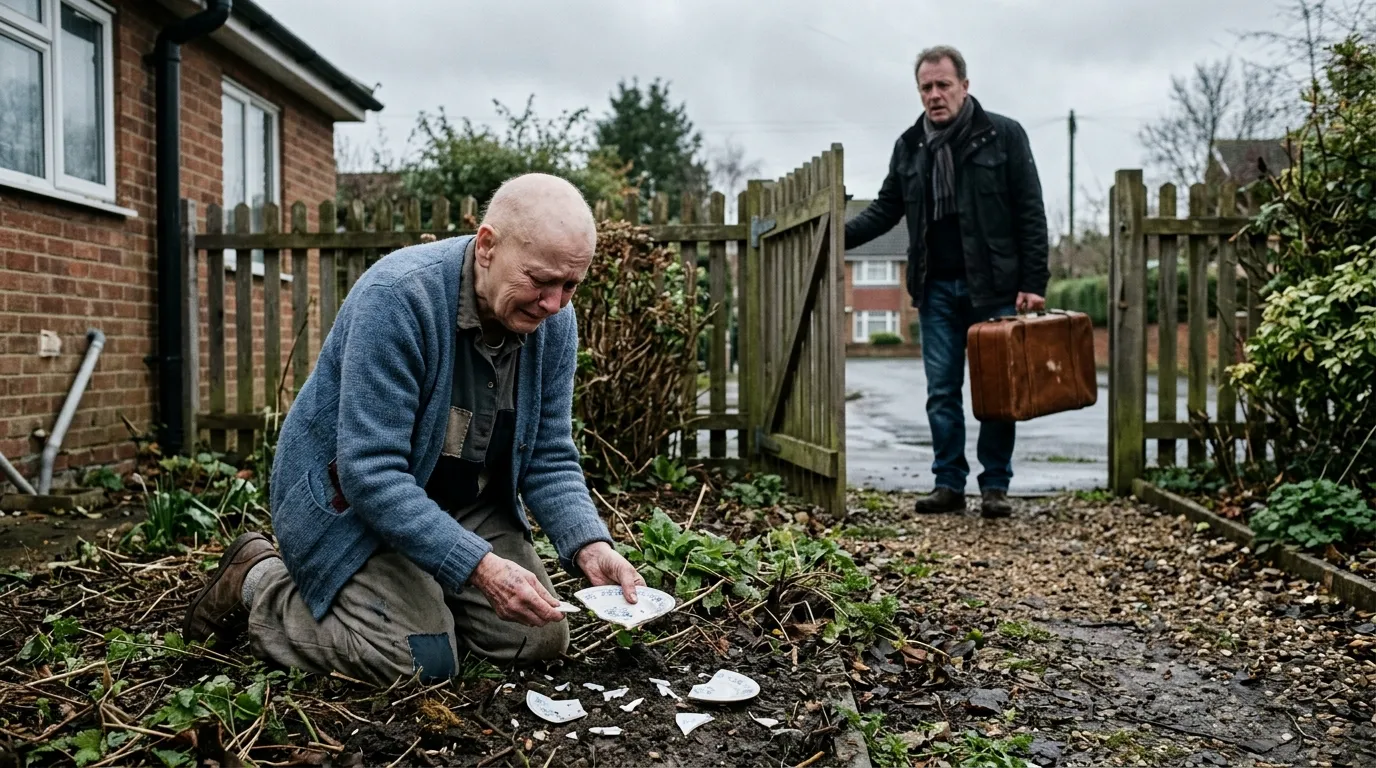 A frail woman kneeling in the dirt picking up a broken plate while a man with a suitcase watches from the gate
