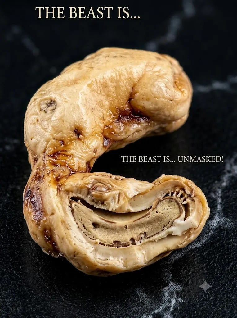 A detailed close-up of the mysterious discolored cashew-like object on a paper towel on a wood floor, with text asking 'What is this?'