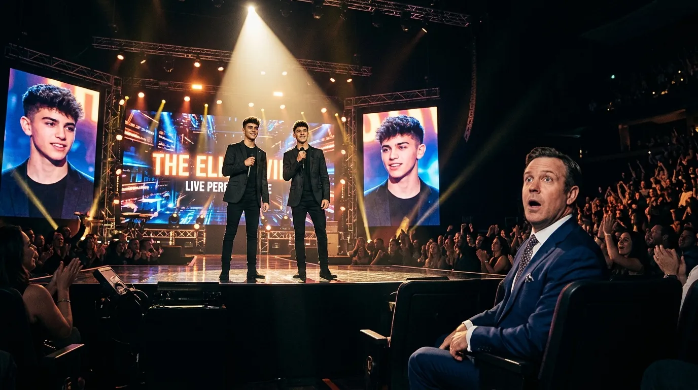 Two teenage twin boys standing on a brightly lit grand stage under a spotlight, massive LED screens behind them displaying their faces.