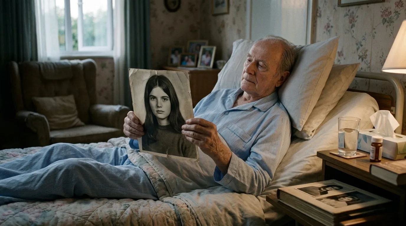 A dying man in bed holding an old, worn photograph of a teenage girl with serious dark eyes and long hair.