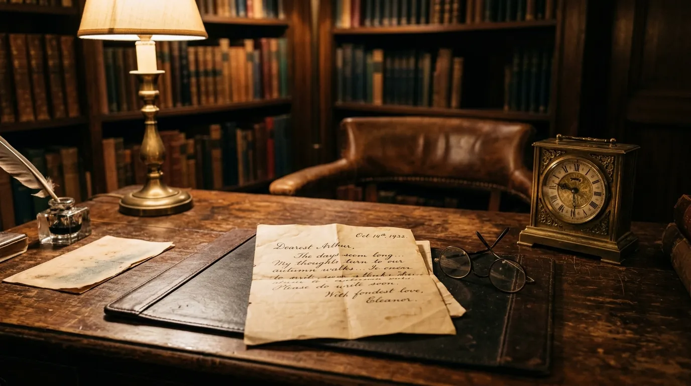 An old handwritten letter resting on a vintage wooden desk