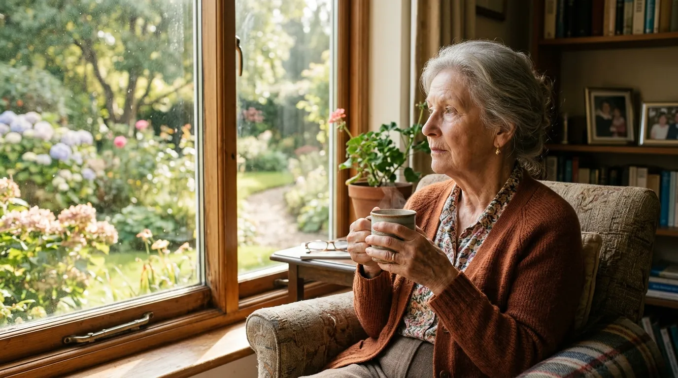 Elderly woman looking thoughtfully out a window with a gentle expression