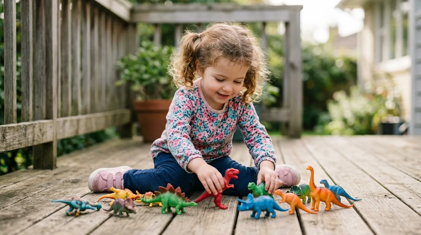 A three-year-old girl playing on a wooden deck with plastic dinosaur toys.