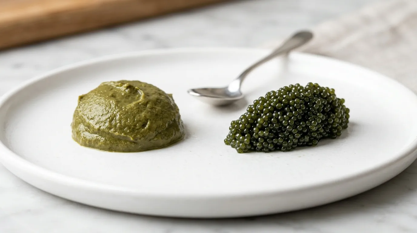 Side-by-side culinary comparison of pasty green tomalley and granular green roe