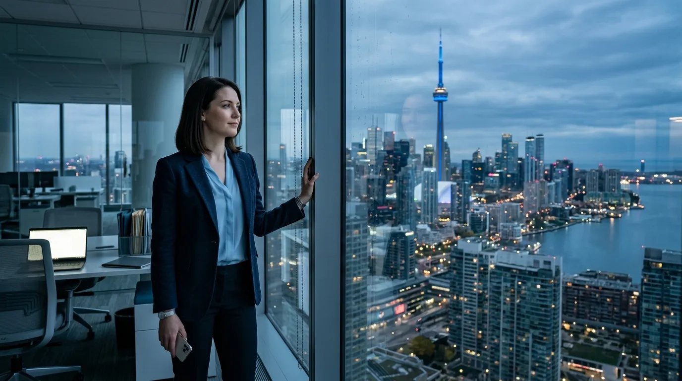 Confident woman looking out at the Toronto skyline from a modern office