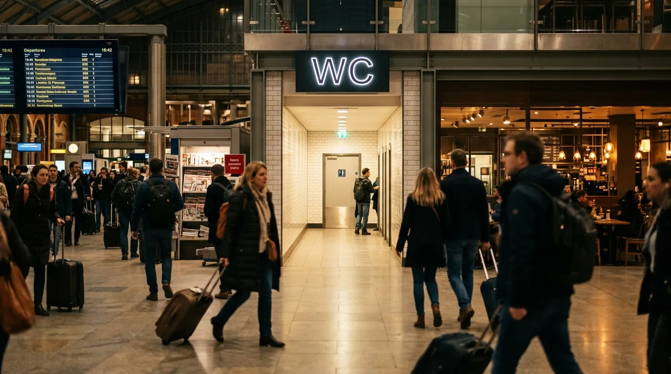 Travelers walking past a glowing WC sign in a bustling European train station.
