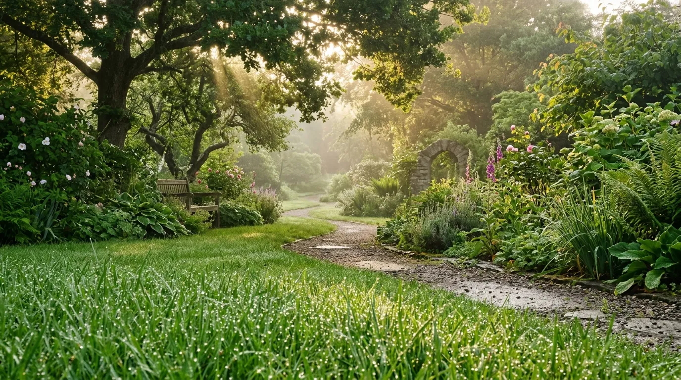 A quiet, dew-covered garden bathed in soft morning sunlight.