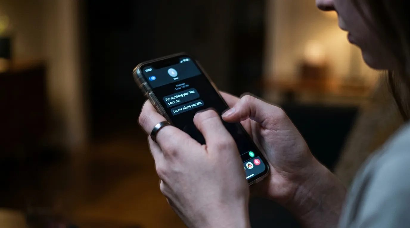 Trembling hands holding a phone with a threatening message