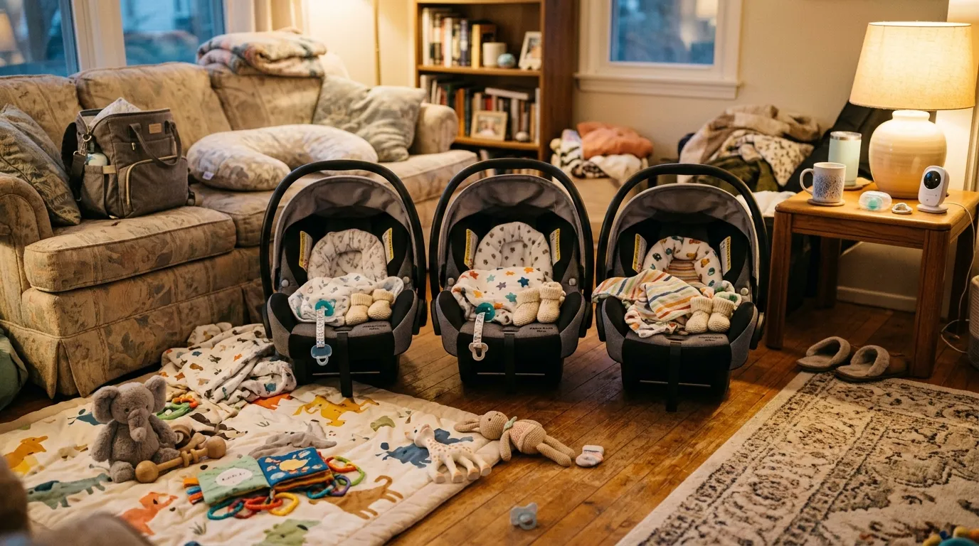 Three infant car seats lined up on a living room floor in warm sunlight.