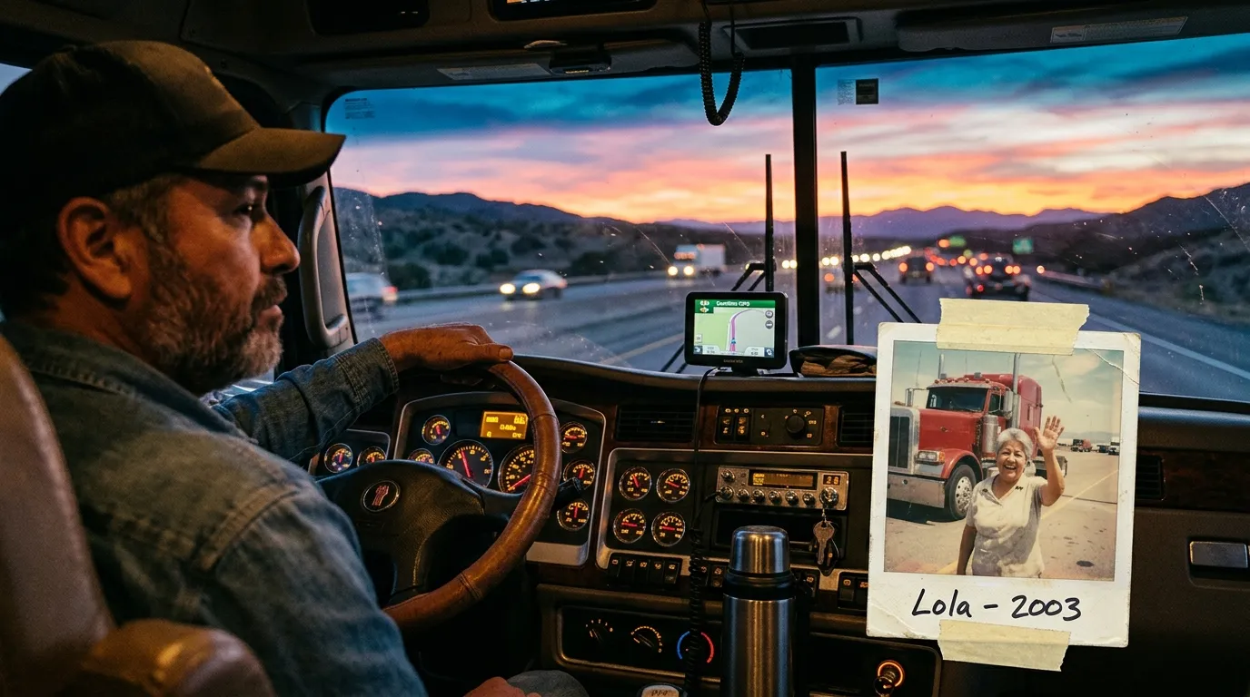 A truck dashboard with a photo of a mother waving