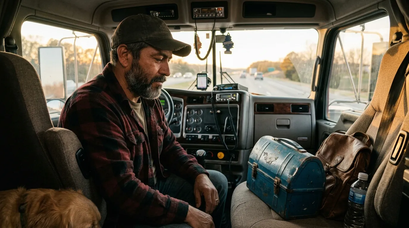 A truck driver looking at a blue lunchbox in his truck