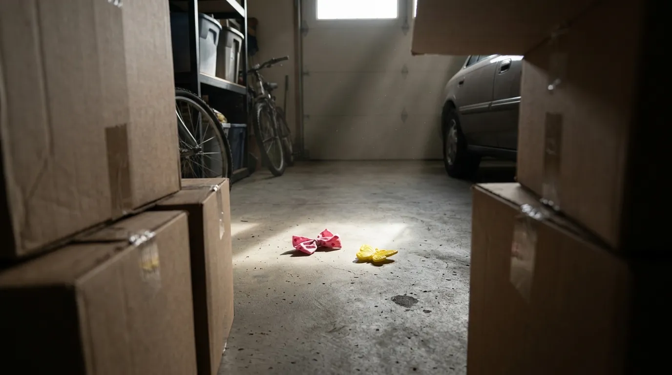 Two terrified three-year-old twin girls hiding inside a gray trash can