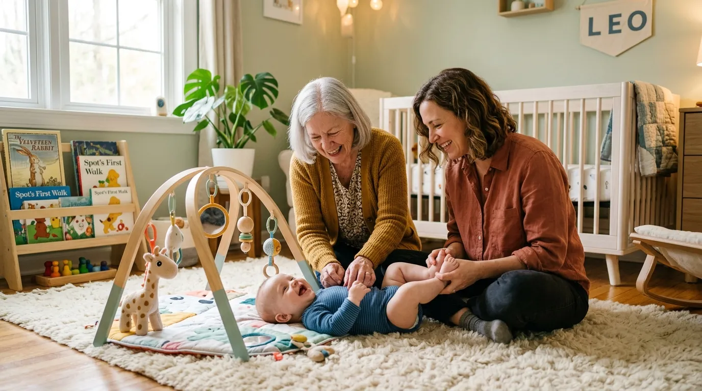 An older and younger woman smiling together at a baby playing on a nursery floor