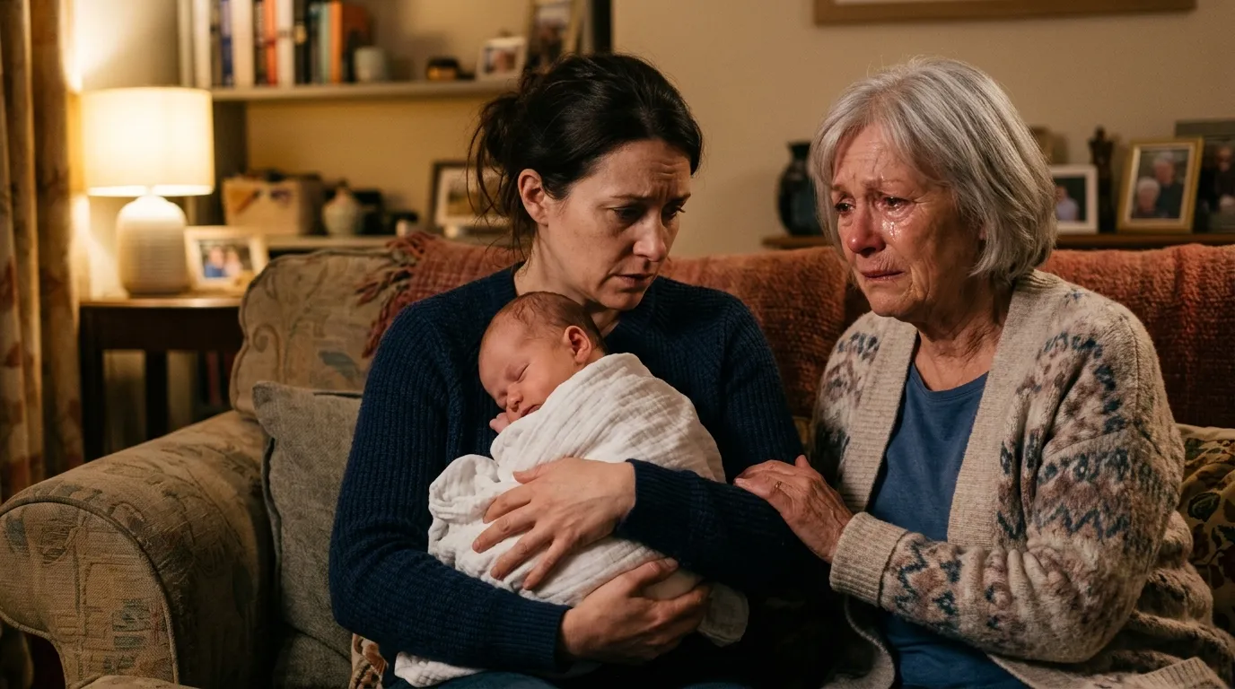 Two women sitting on a couch, one gently passing a newborn baby to the other