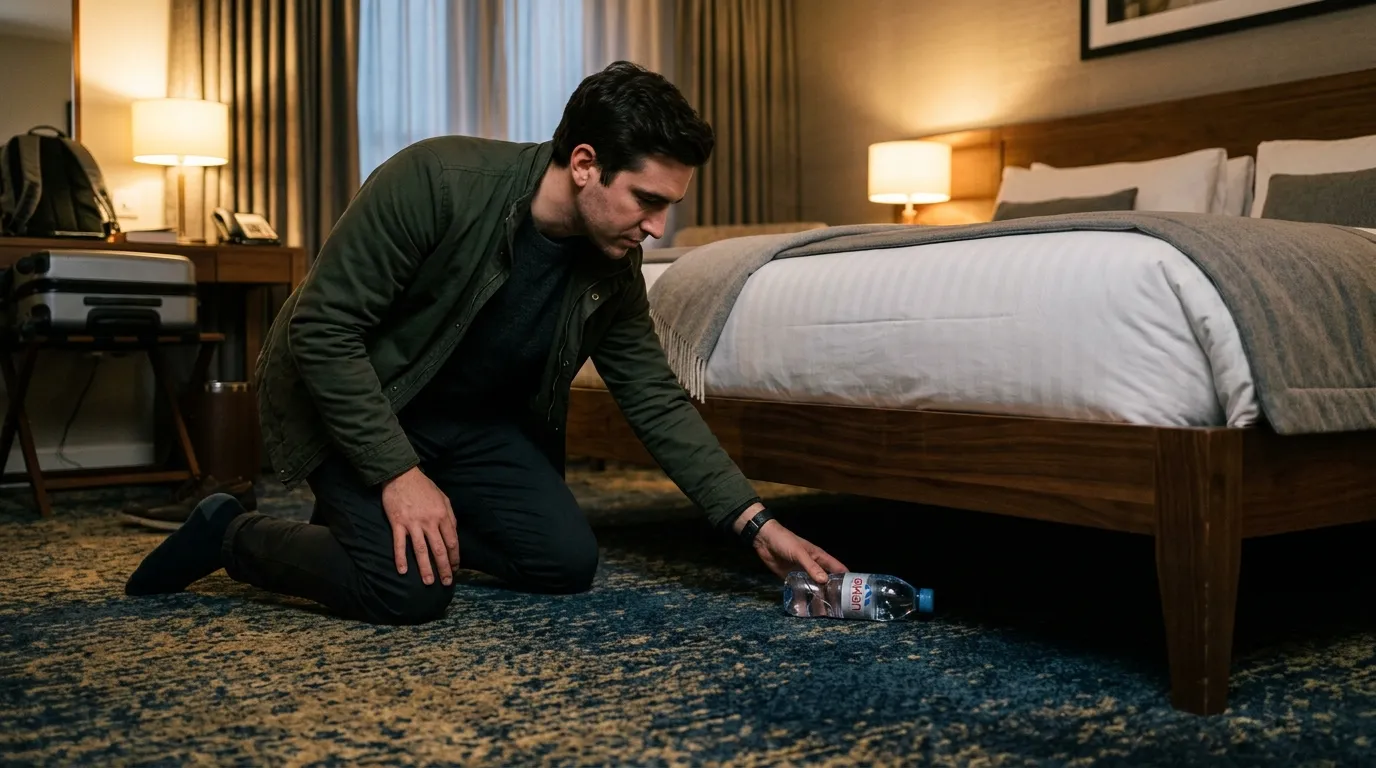 Close up view of a water bottle stopping under a bed next to a forgotten item