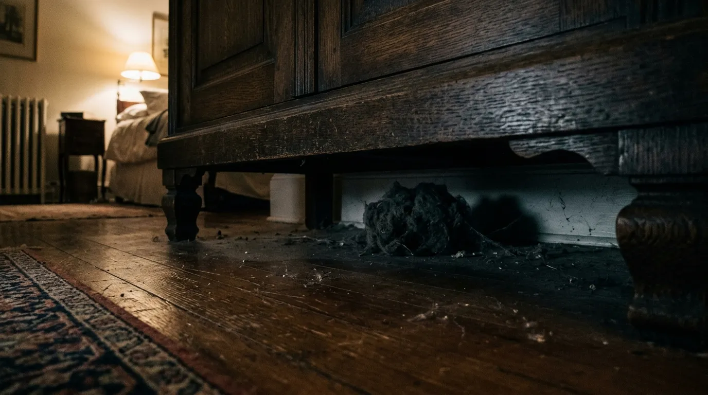 A shadowy view under a wooden wardrobe revealing a mysterious dusty lump
