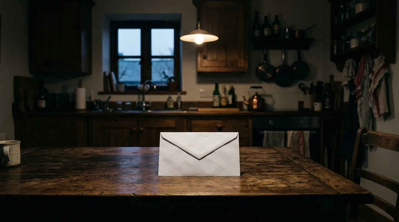 A single unopened white envelope on a kitchen table