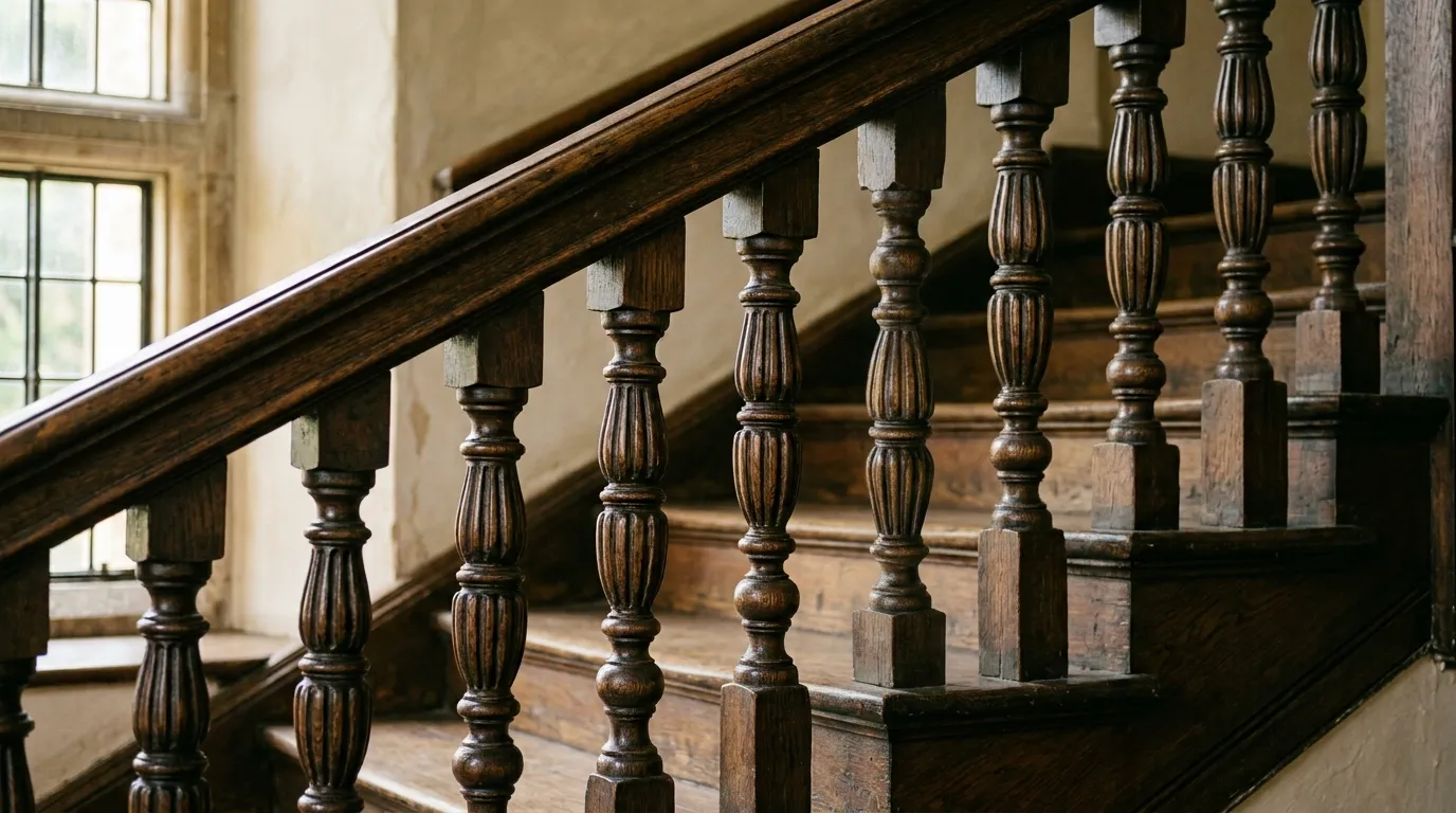 A single upside-down wooden baluster installed amongst regular balusters on a staircase