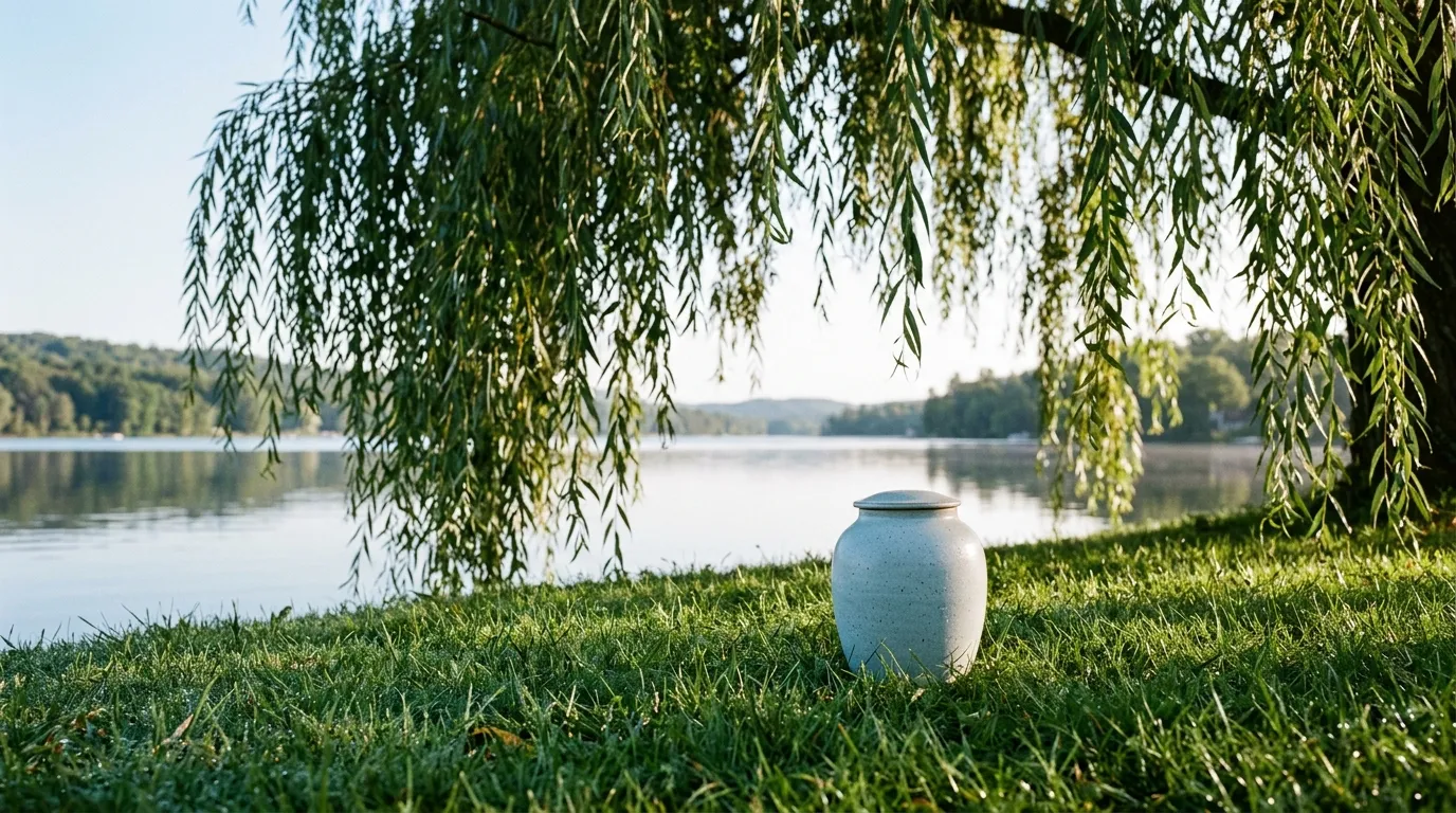 A pale-blue ceramic urn resting on green grass beneath a weeping willow tree