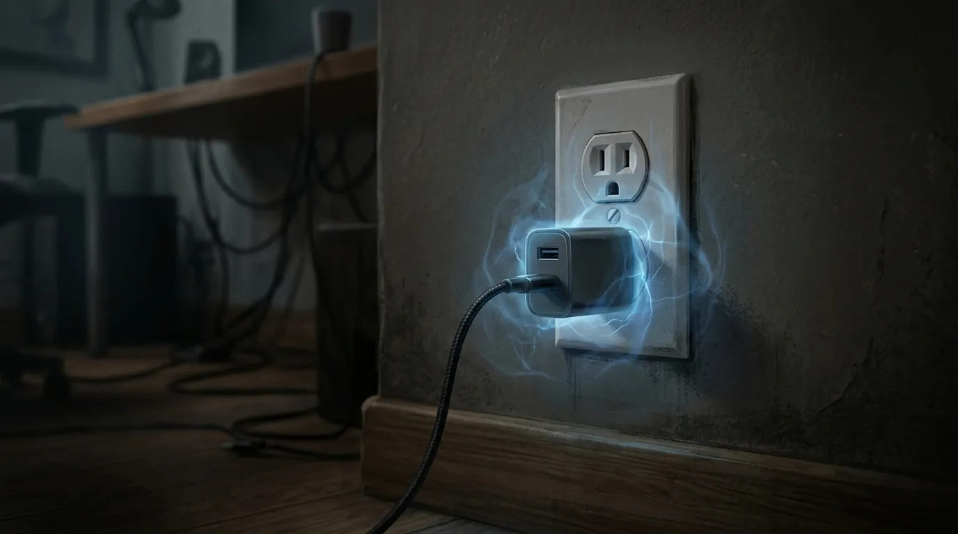 Conceptual illustration of a wall charger glowing with invisible energy.
