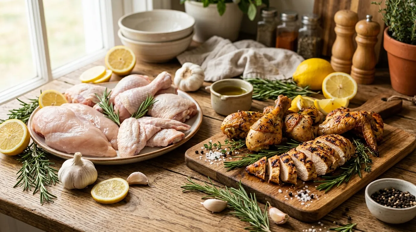 A variety of fresh chicken cuts and cooking ingredients on a wooden table