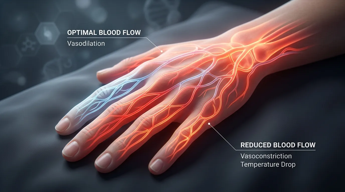 Illustration of blood vessels in a hand showing vasoconstriction