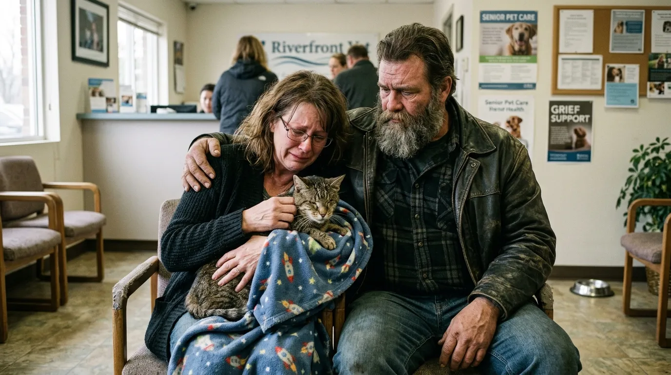 Mother and bearded man in a vet clinic holding an old tabby cat in a blanket