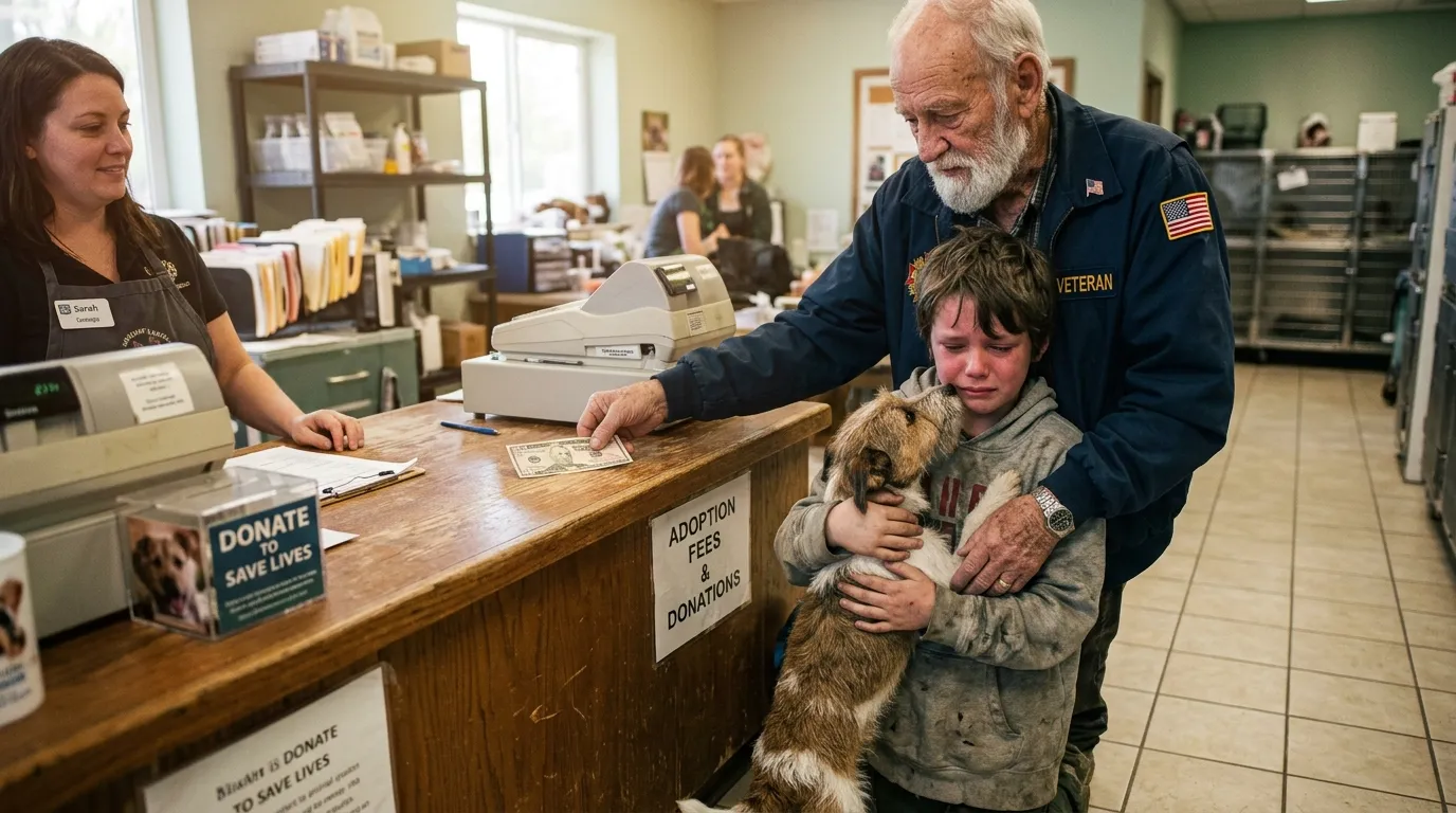 Elderly veteran paying the shelter fee for a young boy's dog