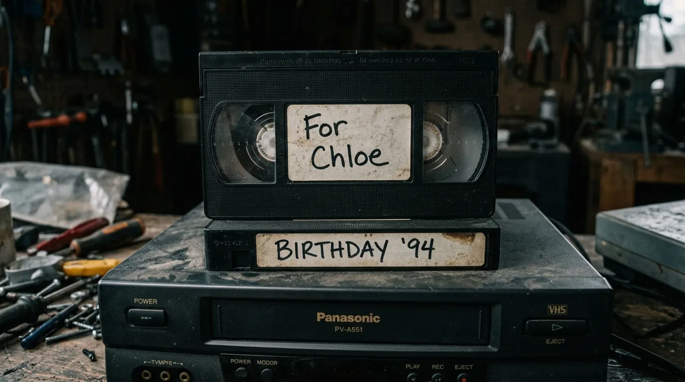 An old television and VCR with handwritten VHS tapes resting on top.