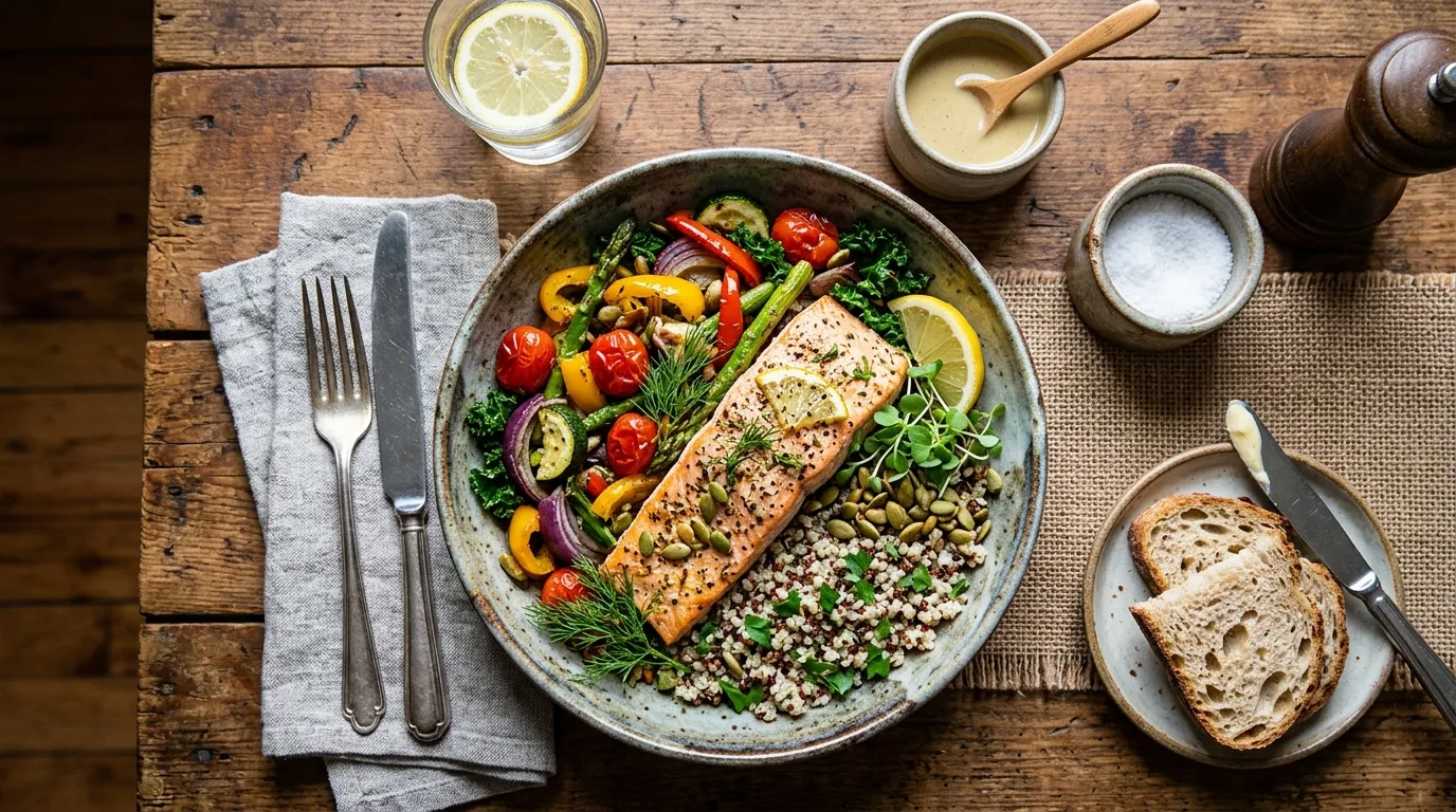 A vibrant and healthy bowl of colorful vegetables and lean protein on a rustic table