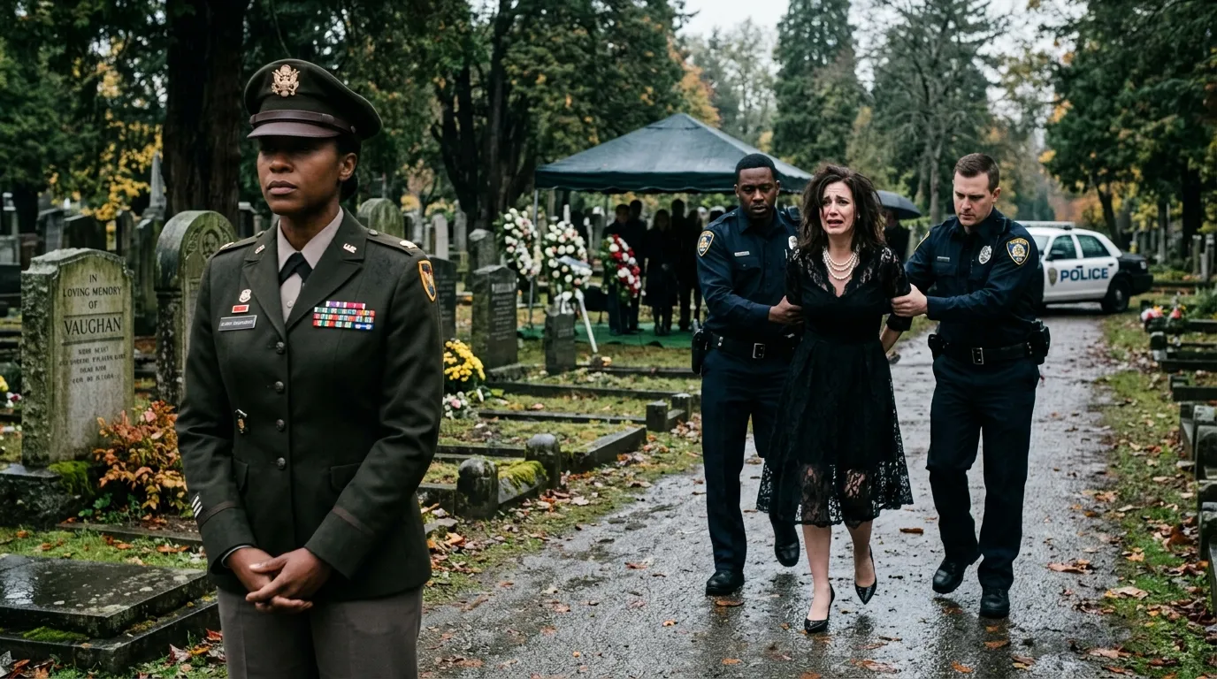 Victoria Hayes looking shocked as police officers hand her legal documents while Genevieve watches in the background