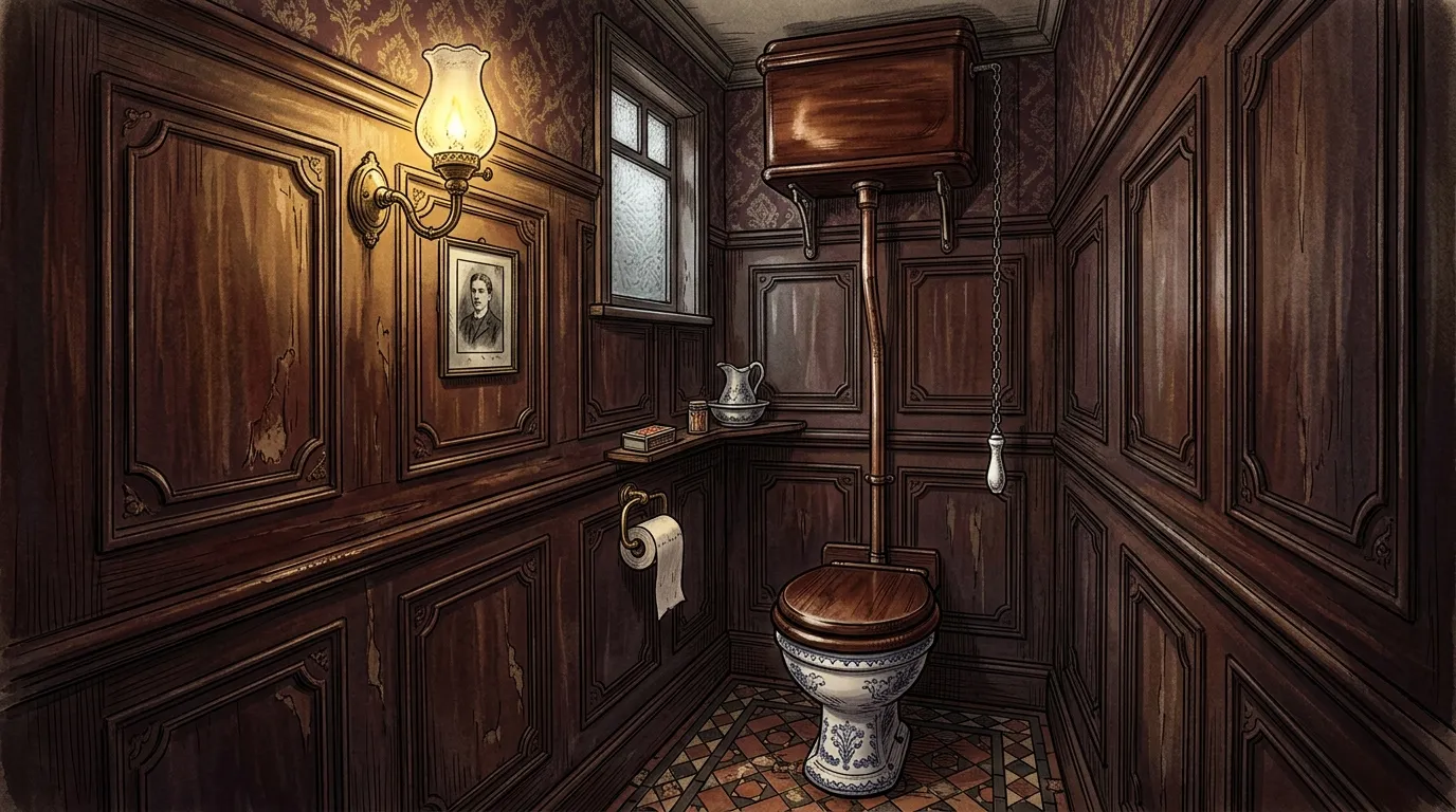 A Victorian-era water closet featuring a wooden pull-chain toilet inside a very small room.