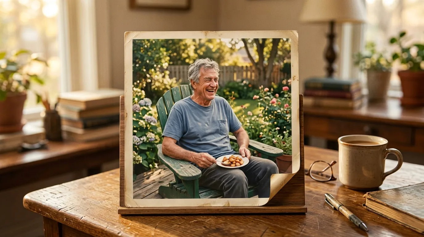 Faded photo of an elderly man laughing in a lawn chair