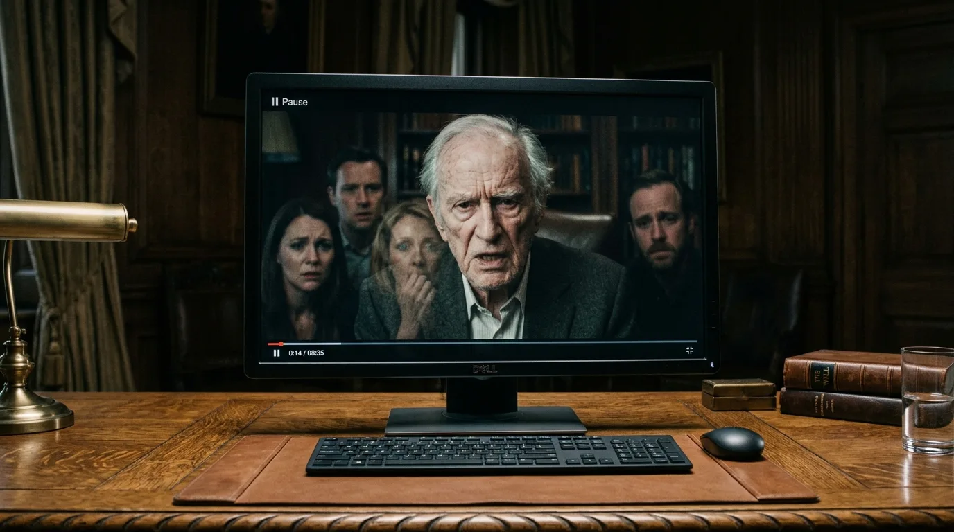 A computer monitor on a wooden desk showing a video playback of an elderly, frail but stern man speaking. The reflection of shocked family members can be seen on the screen.