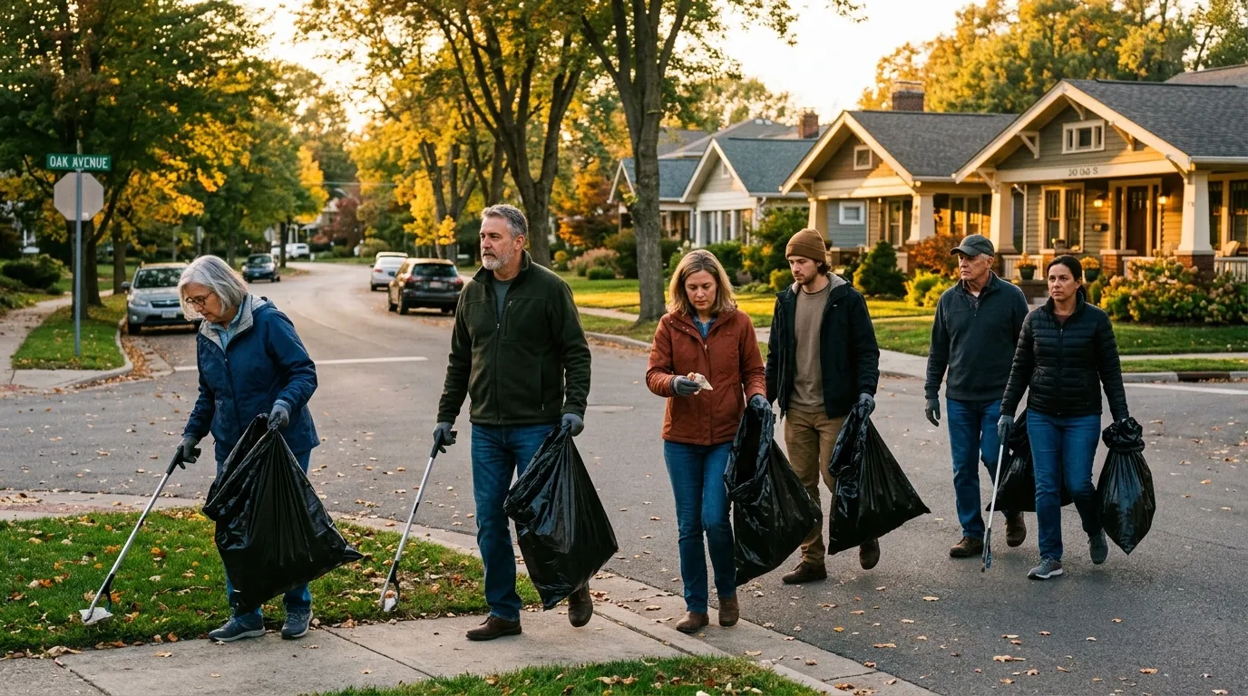 Neighbors walking together on a quiet suburban street carrying black trash bags