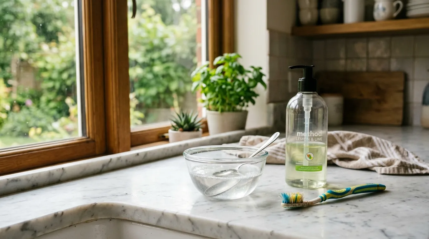 Bowl of vinegar and water with dish soap and an old toothbrush on a counter