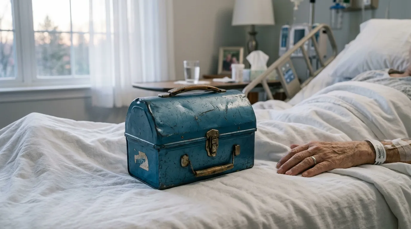 A vintage blue metal lunchbox resting on a white hospice bed