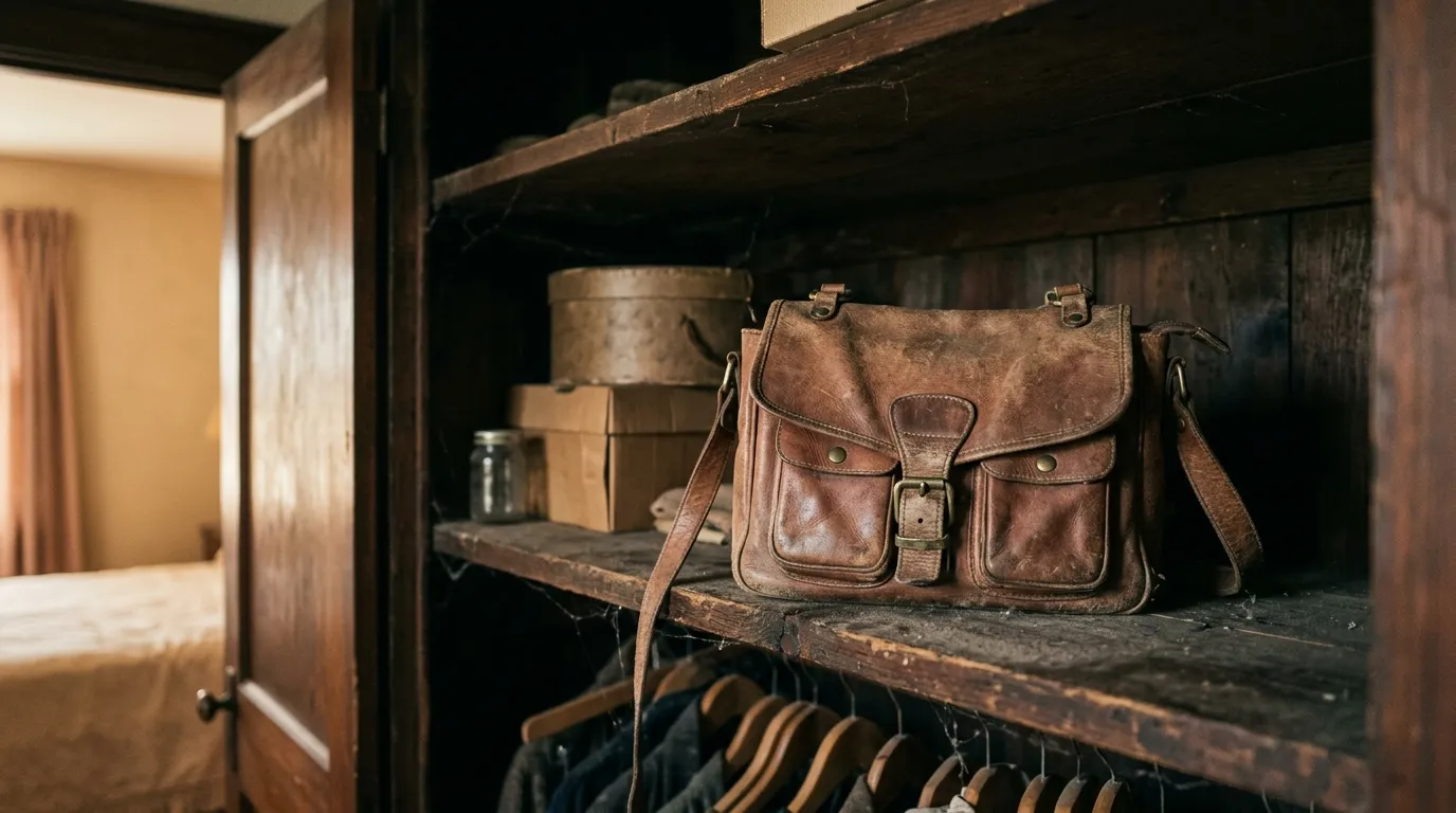 An old, faded brown leather handbag sitting on the top shelf of a closet