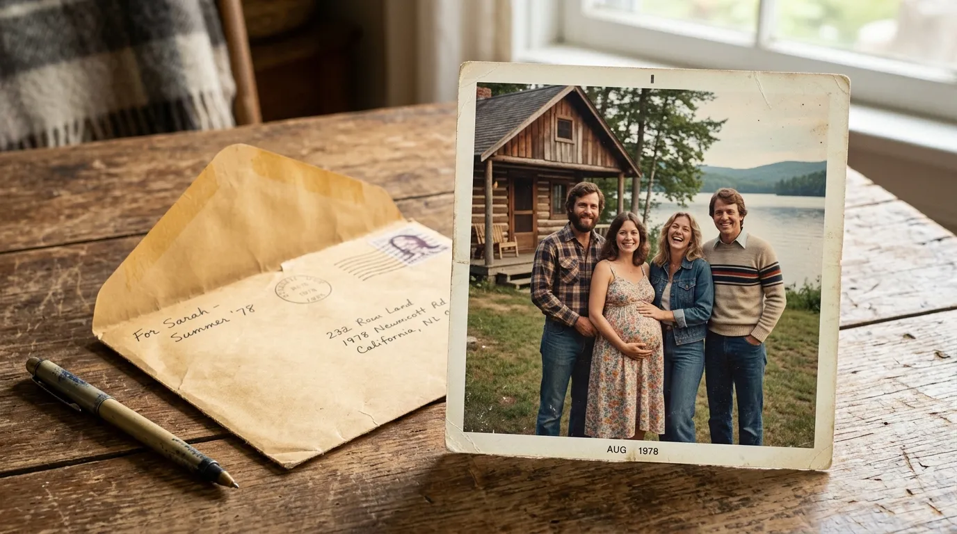 Vintage photo of four people at a cabin, with one woman visibly pregnant