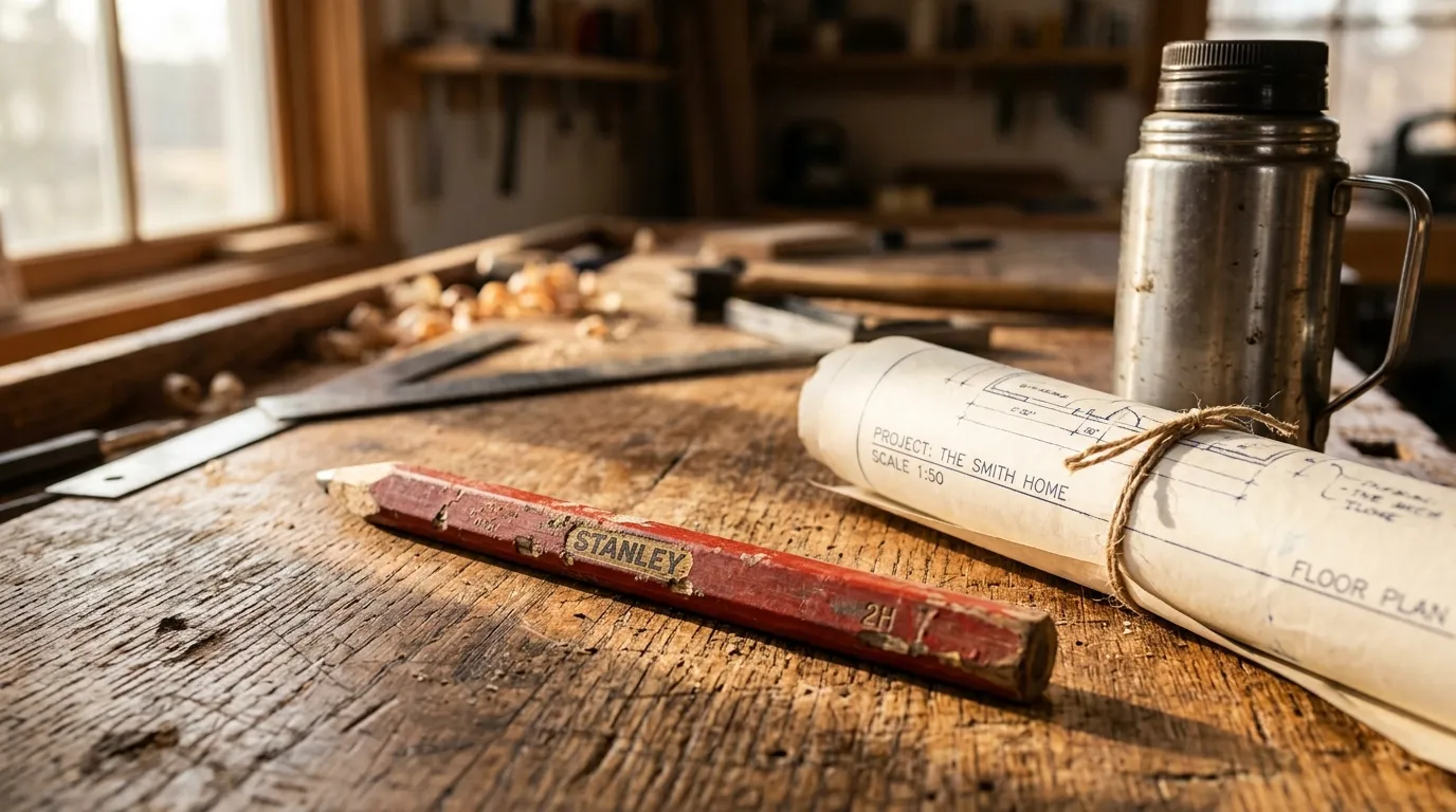 An old carpenter's pencil resting on a wooden workbench next to blueprints