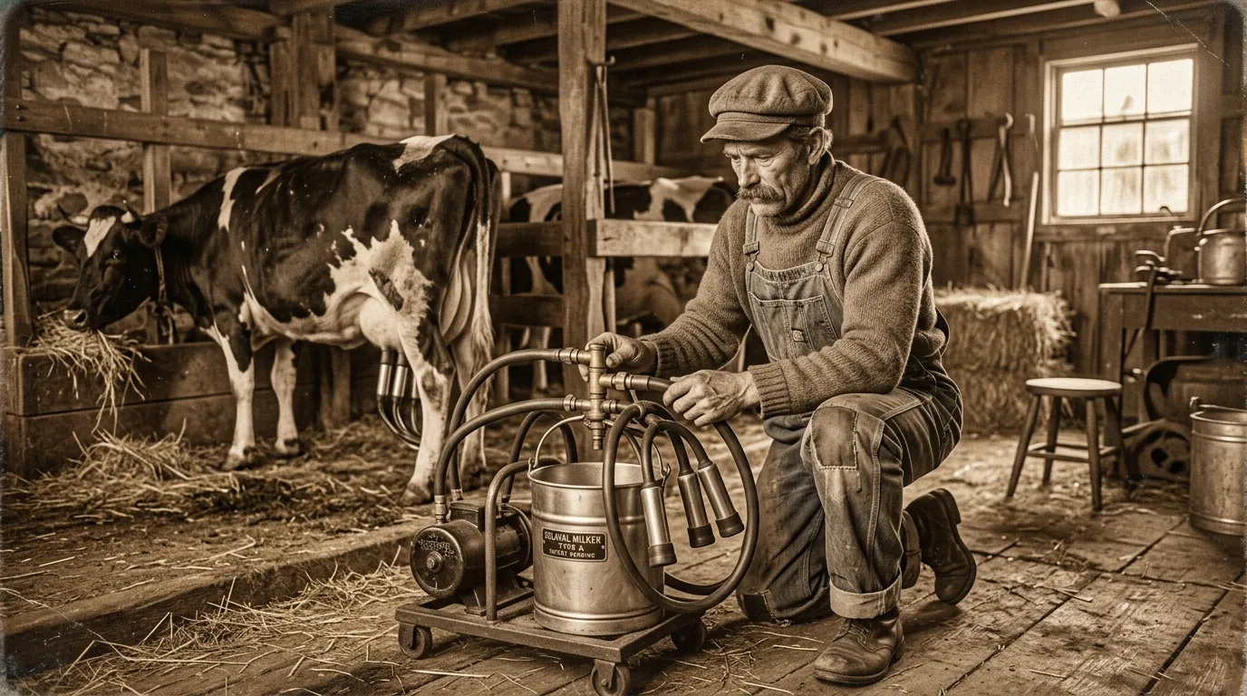 Vintage illustration of a farmer inspecting early mechanical milking equipment.