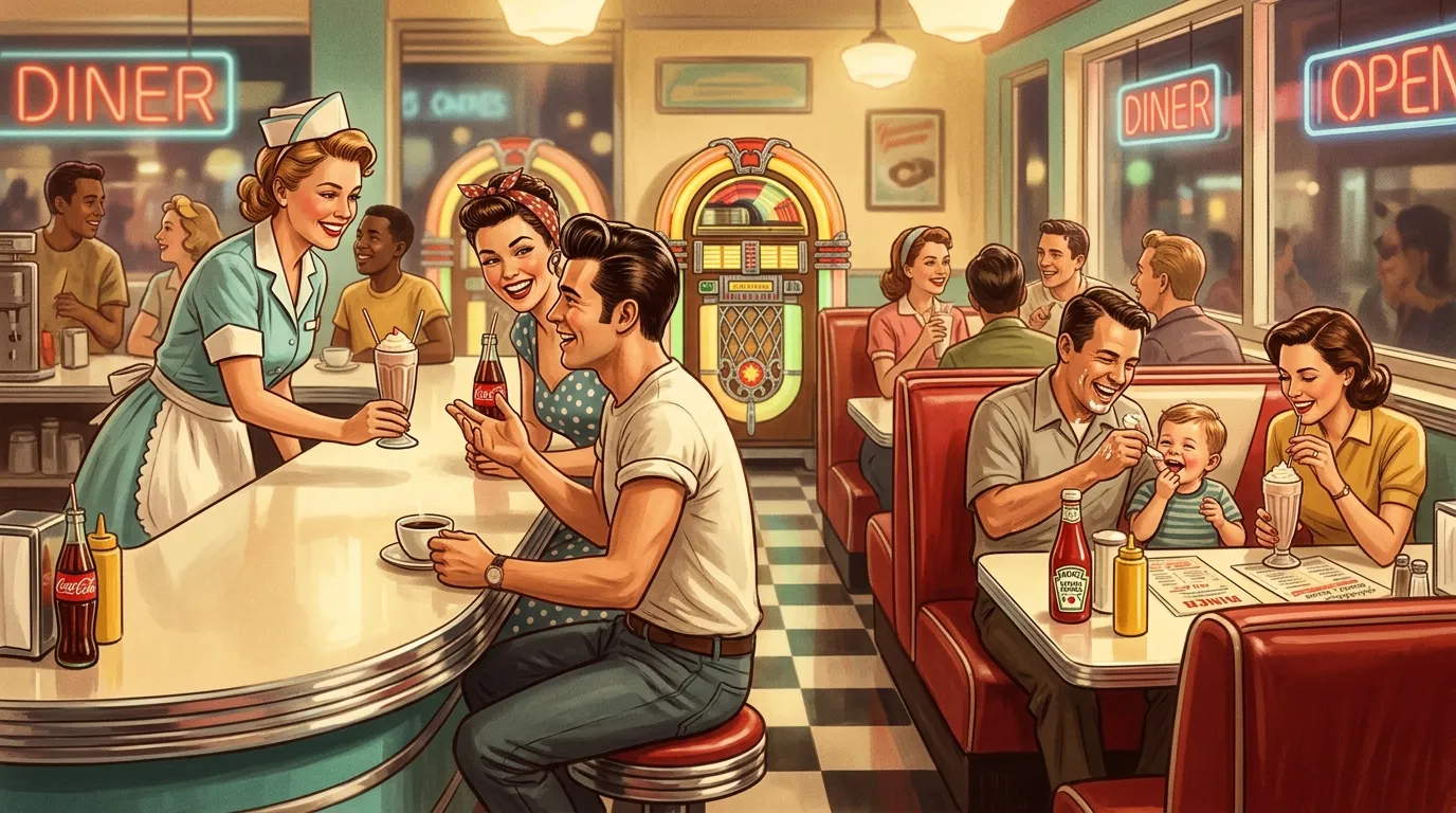 A warm, nostalgic illustration of people laughing in a vintage diner.