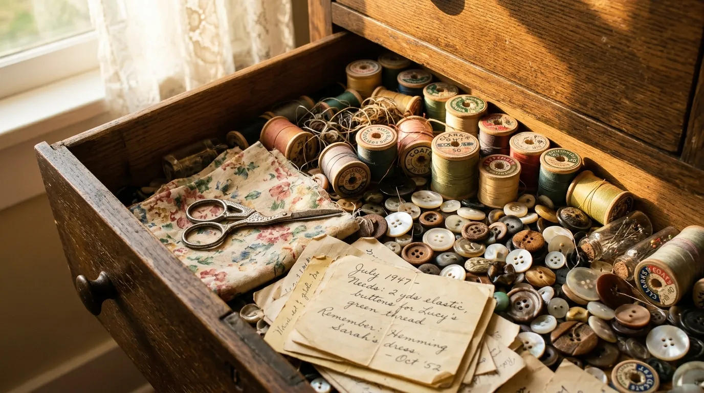 An antique wooden drawer filled with faded thread, vintage buttons, and tiny silver scissors